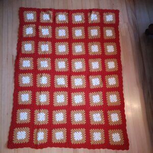Homemade Crochet Granny Square Gold Ivory Red Afghan - Throw w/ Pillow Storage